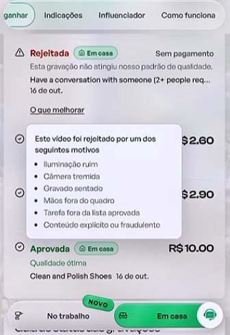 Aviso de gravação rejeitada com a lista de motivos