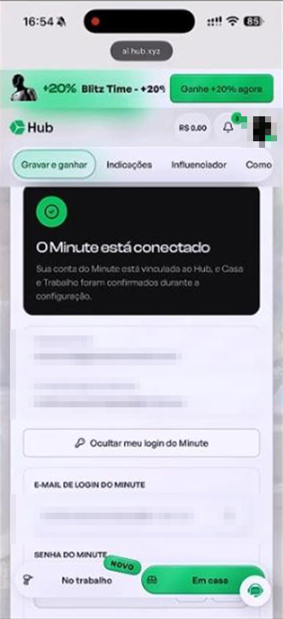 Tela 'O Minute está conectado' na Hub